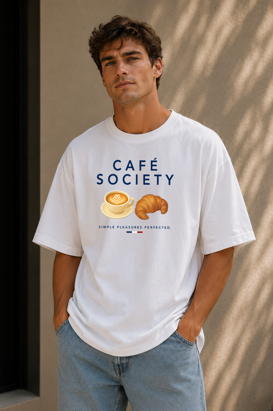 Male wearing Cafe Society Tee — French café graphic on premium oversized white T-shirt by BonAppaTee