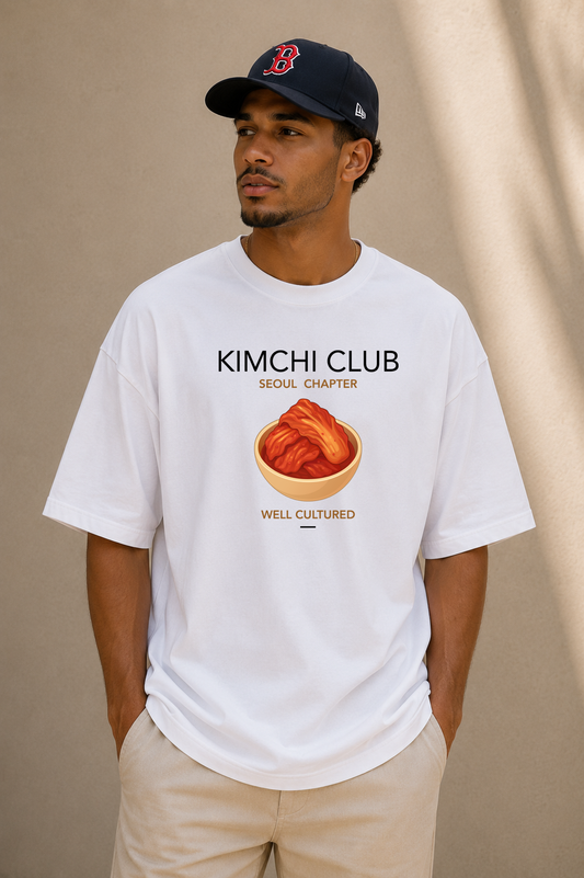 Male wearing Kimchi Club Seoul Chapter Tee — Korean food graphic on premium oversized white T-shirt by BonAppaTee