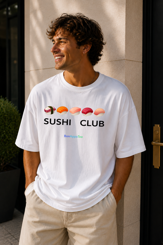 Male wearing Sushi Club Tee — Japanese sushi graphic on premium oversized white T-shirt by BonAppaTee