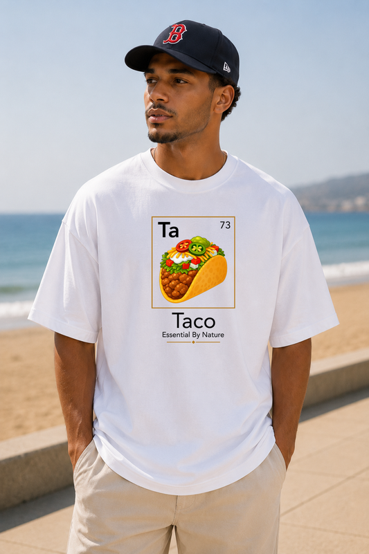 Male wearing Taco Essential By Nature Tee — taco graphic on premium oversized white T-shirt by BonAppaTee