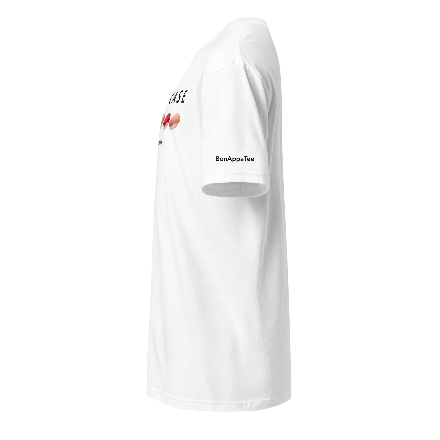 Omakase — relaxed fit sushi graphic T-shirt side view, white | BonAppaTee