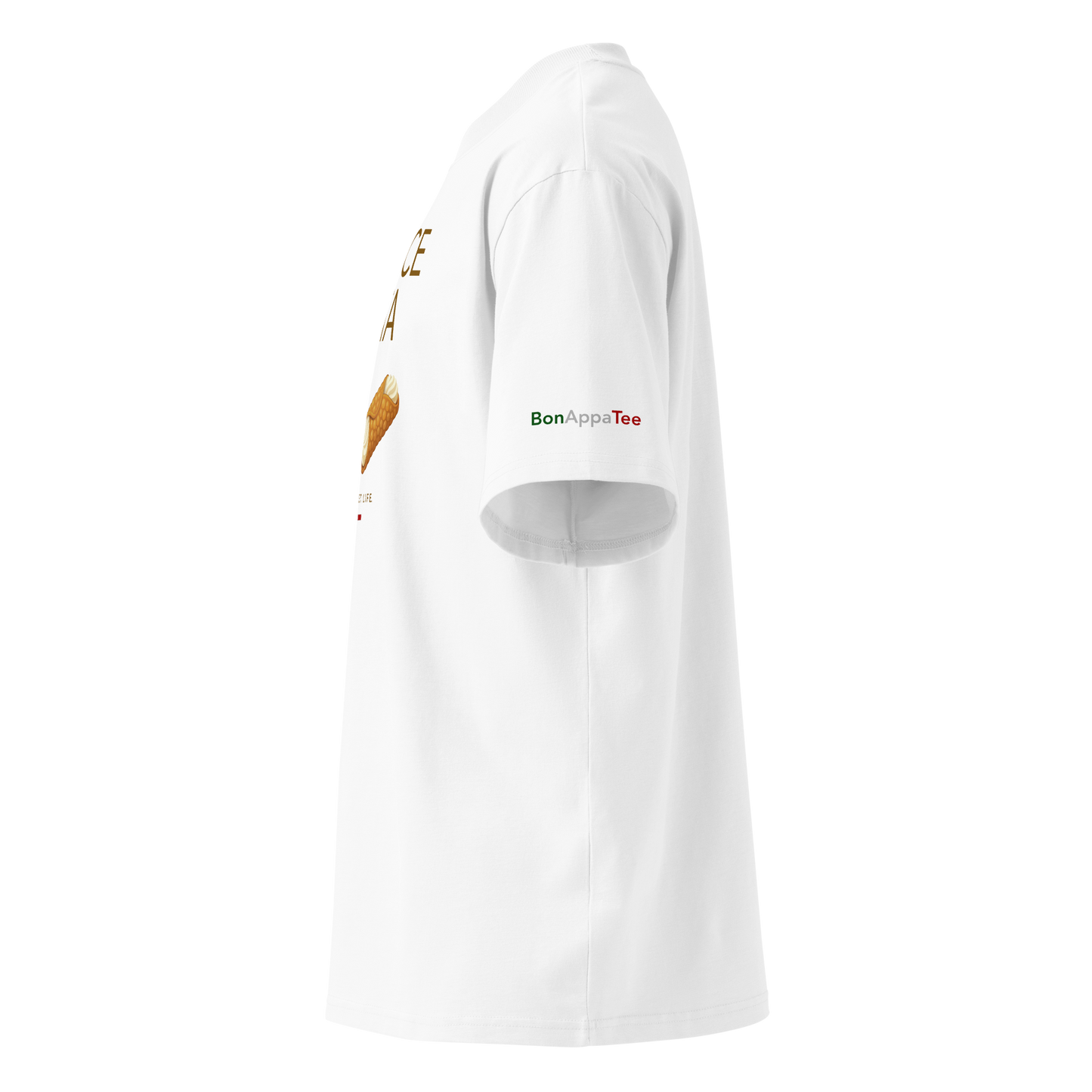 Sicilian Society Tee — side view of espresso and cannoli graphic on premium oversized white T-shirt by BonAppaTee