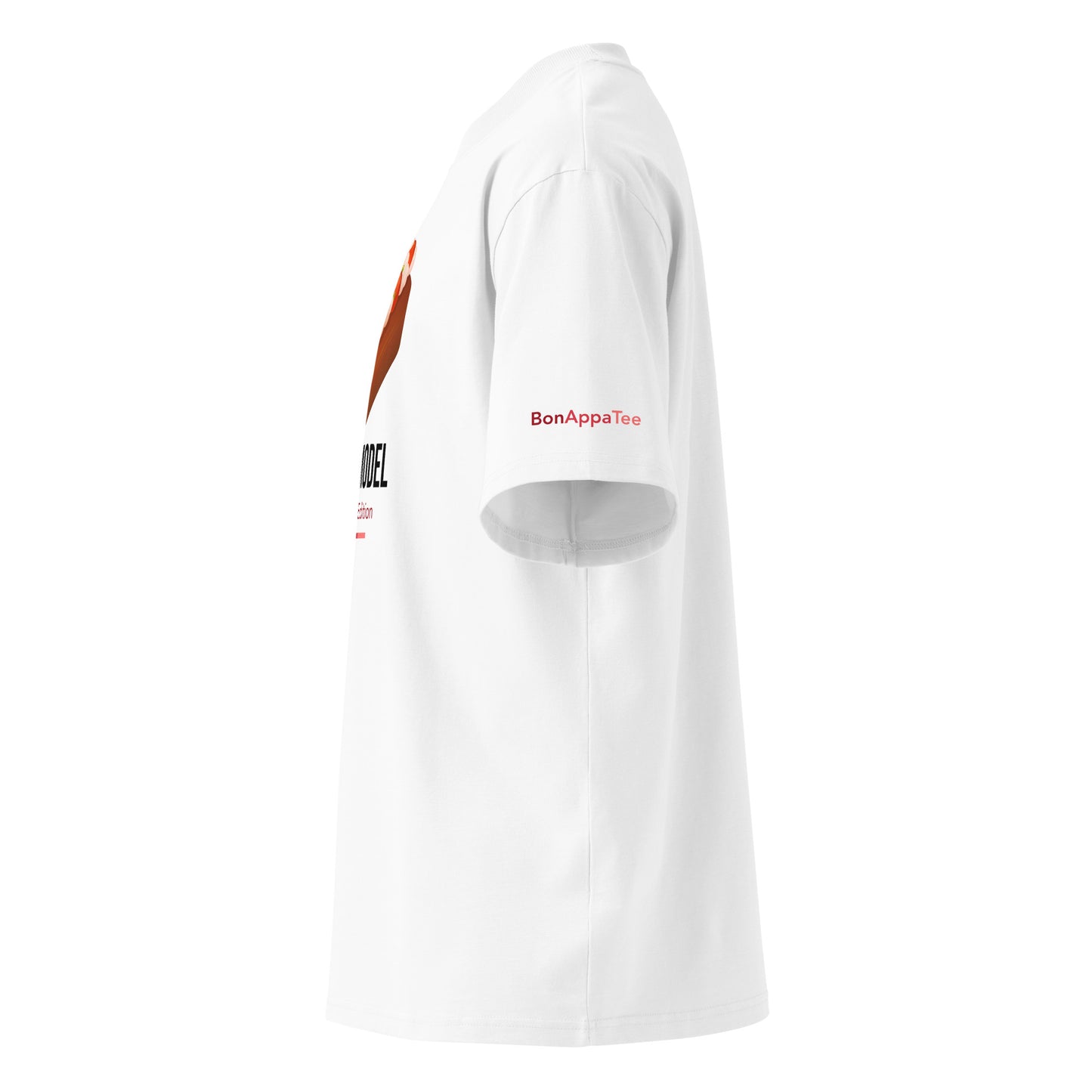 Roll Model Lobster Edition — lobster roll graphic on premium oversized white T-shirt, side view | BonAppaTee