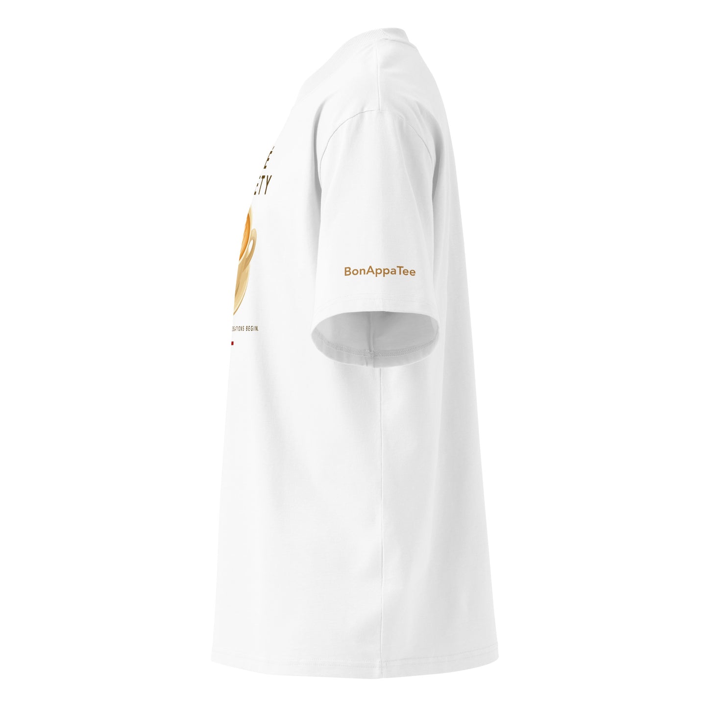 Café Conversations oversized fit cappuccino graphic t-shirt — side view, white | BonAppaTee