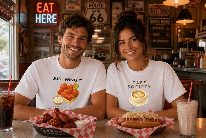 Couple wearing BonAppaTee graphic T-shirts enjoying chicken wings and a New York-style hot dog at a classic Route 66 American diner.