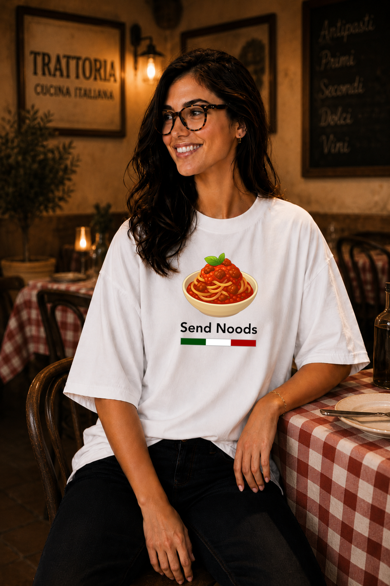 Female wearing Send Noods Pasta Graphic T-Shirt by BonAppaTee
