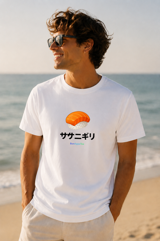 Male wearing Sake Nigiri Salmon Sushi Graphic T-Shirt by BonAppaTee
