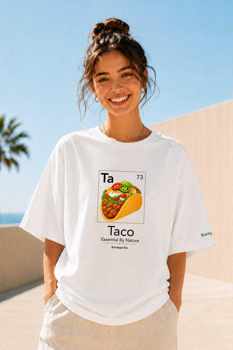 Female wearing Taco Periodic Table Tee — street food graphic t-shirt by BonAppaTee