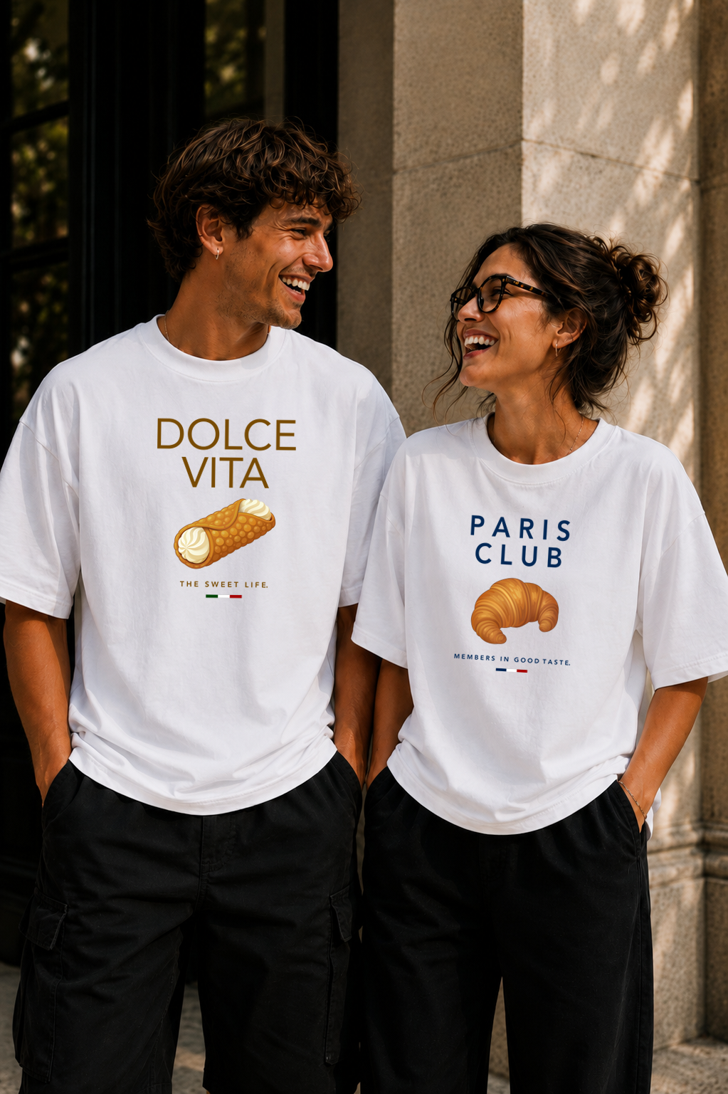 Male and Female wearing BonAppaTee Unisex oversized graphic tees — Dolce Vita and Paris Club designs