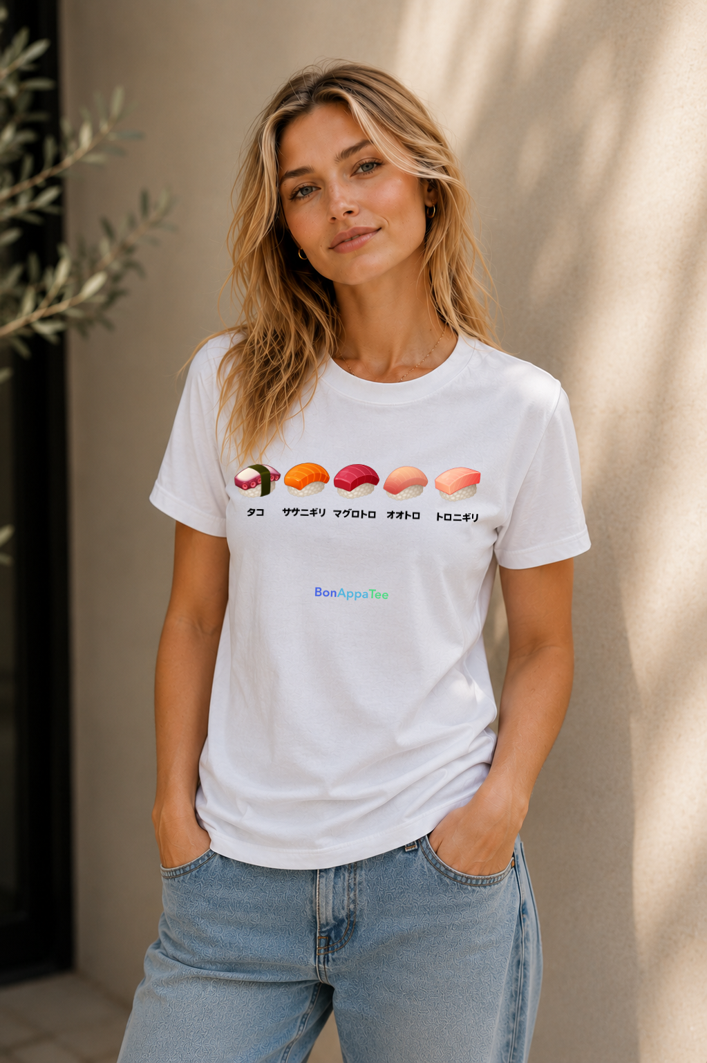 Female wearing Sushi Selection Tee — relaxed fit food graphic t-shirt | BonAppaTee