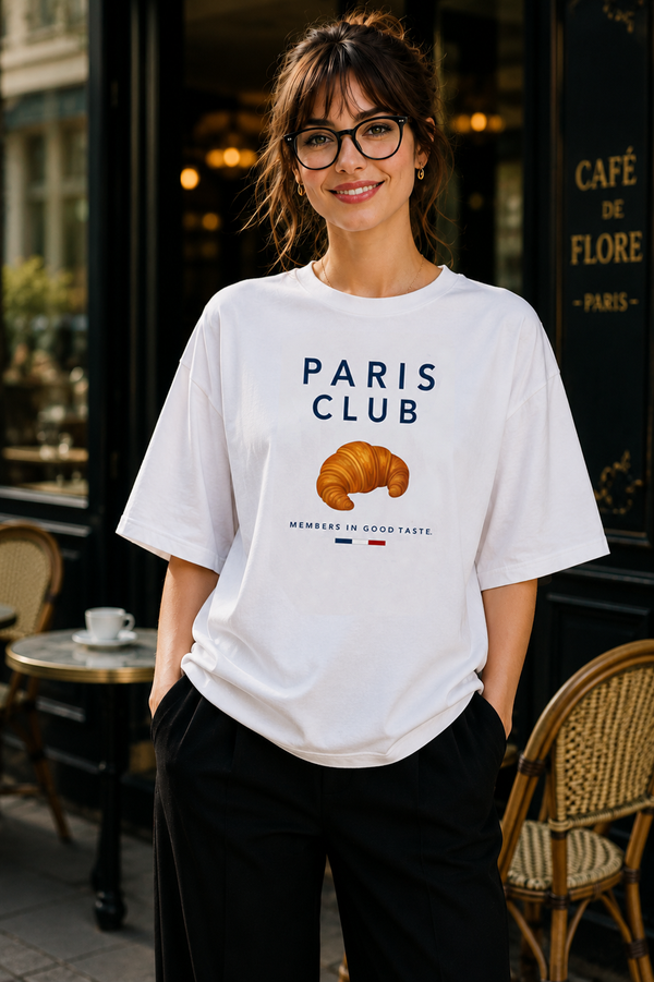 Female wearing Paris Club Tee — croissant graphic t-shirt | BonAppaTee Sweet Life Collection