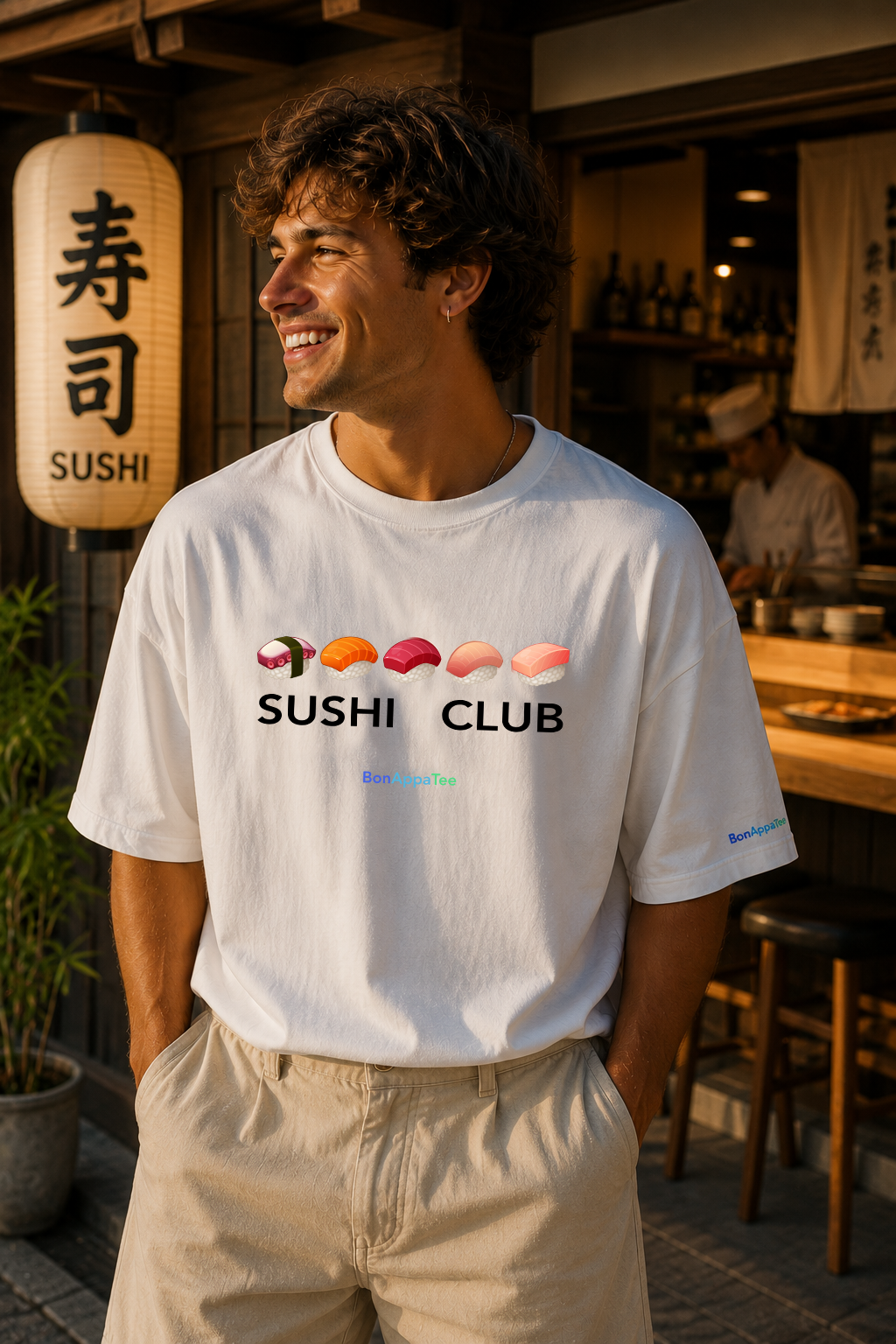 Male wearing Sushi Club Tee — Japanese sushi graphic t-shirt | BonAppaTee Japanese Collection