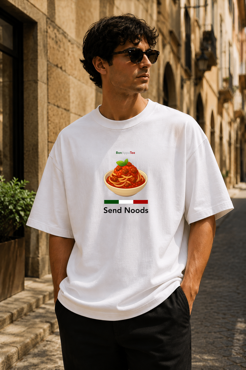 Male wearing Send Noods Tee — pasta graphic t-shirt | BonAppaTee Men's Tees