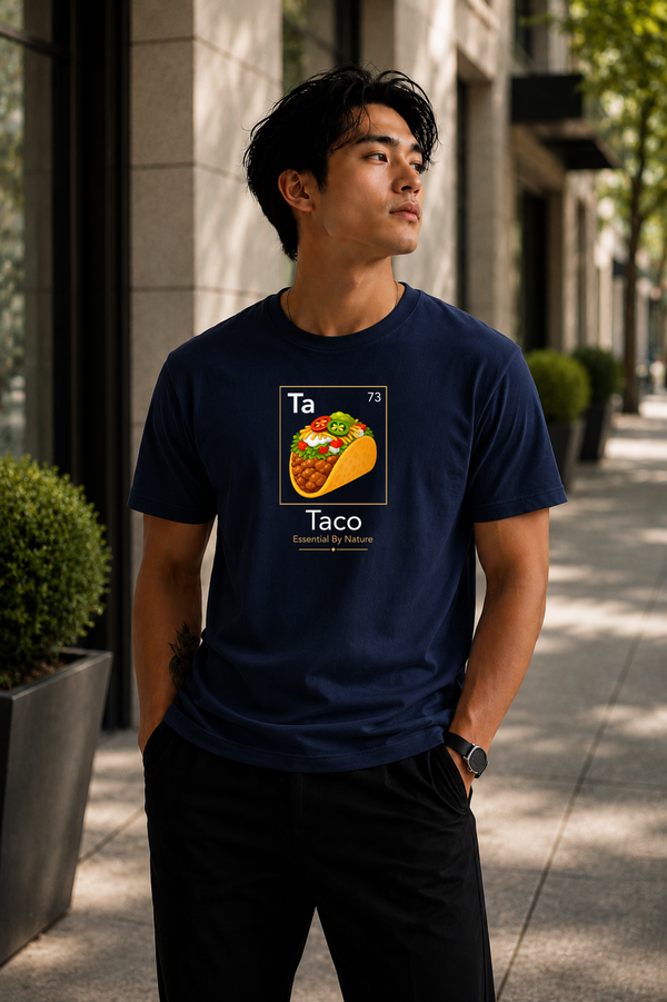 Male wearing Taco Essential By Nature Tee — taco graphic on premium relaxed fit navy T-shirt by BonAppaTee