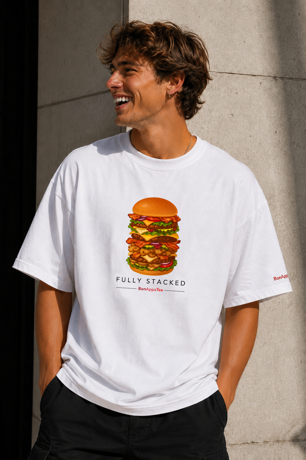Male wearing Fully Stacked Tee — burger graphic on premium oversized white T-shirt by BonAppaTee
