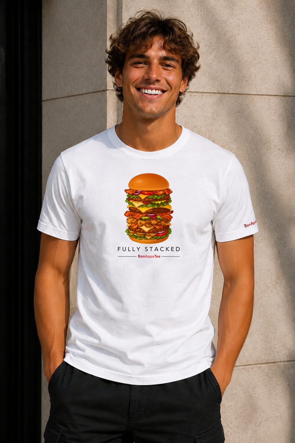 Male wearing Fully Stacked Tee — burger graphic on premium relaxed fit white T-shirt by BonAppaTee
