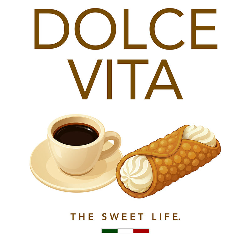 Sicilian Society Graphic T-Shirt featuring original hand-drawn vector espresso and cannoli artwork inspired by Italian café culture on a premium oversized white T-shirt.