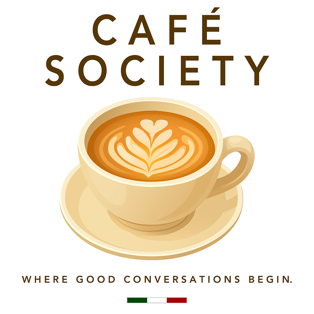 Café Conversations graphic T-shirt featuring original hand-drawn CAFÉ SOCIETY cappuccino artwork on a premium oversized white T-shirt by BonAppaTee
