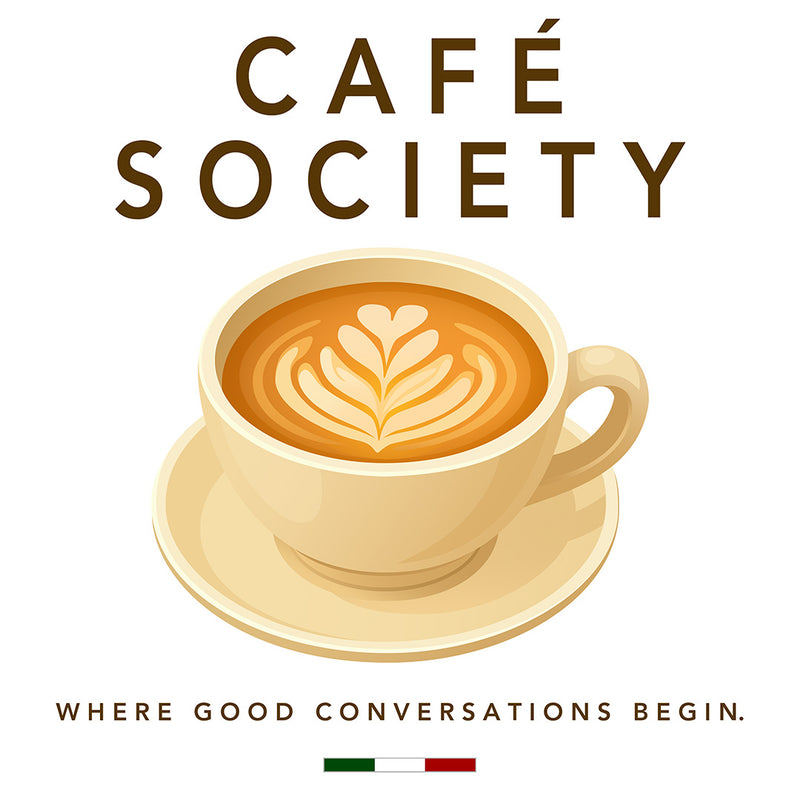 Café Conversations graphic T-shirt featuring original hand-drawn CAFÉ SOCIETY cappuccino artwork on a premium oversized white T-shirt by BonAppaTee
