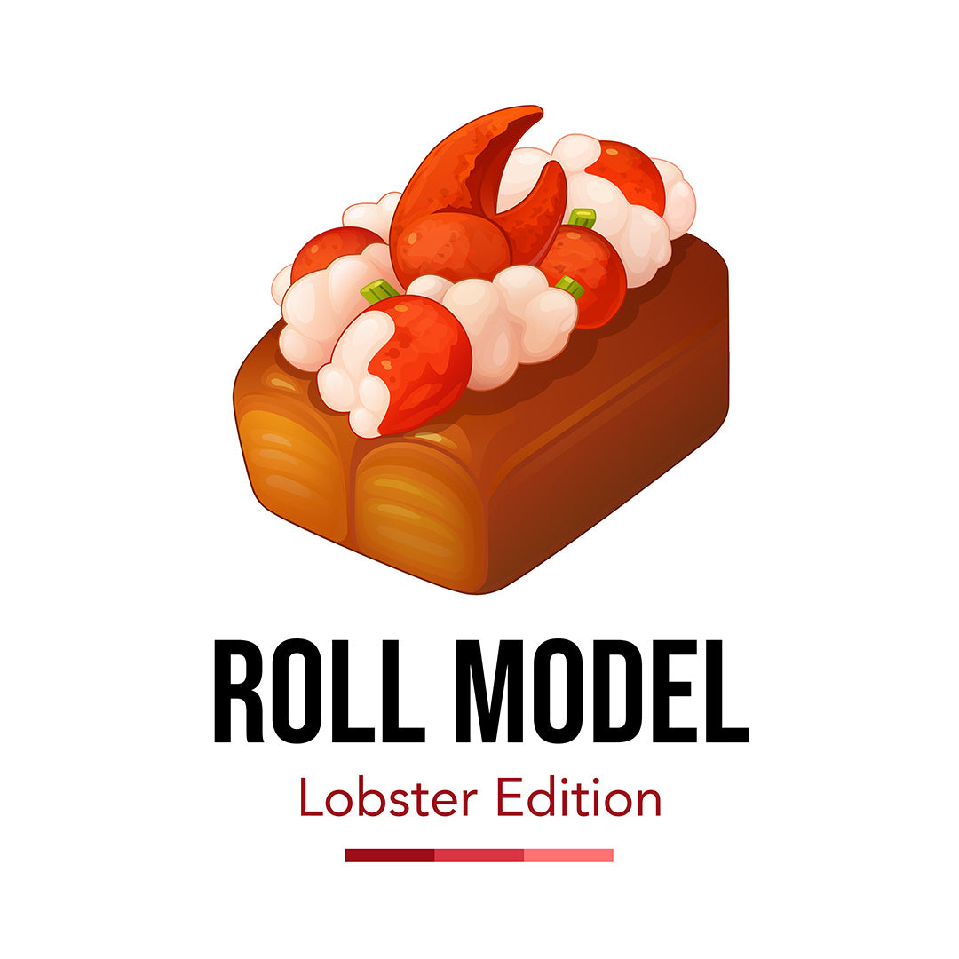 Roll Model Lobster Edition Graphic T-Shirt featuring original hand-drawn vector lobster roll artwork on a premium relaxed fit white T-shirt.
