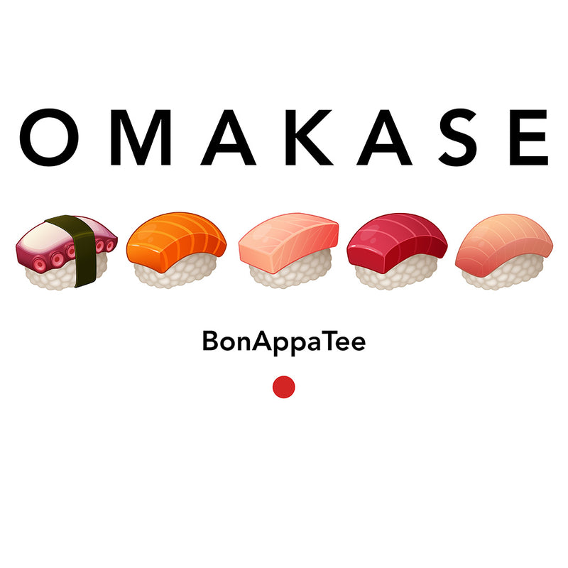 Omakase graphic T-shirt featuring five original hand-drawn vector sushi illustrations inspired by Japanese food culture on a premium relaxed-fit white tee.
