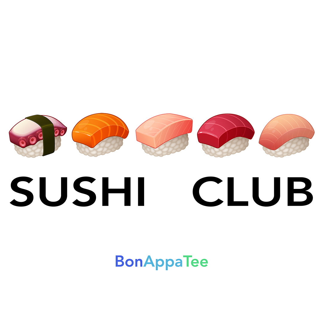 Sushi Club graphic T-shirt featuring five original hand-drawn vector sushi illustrations inspired by Japanese food culture on a premium oversized white T-shirt.
