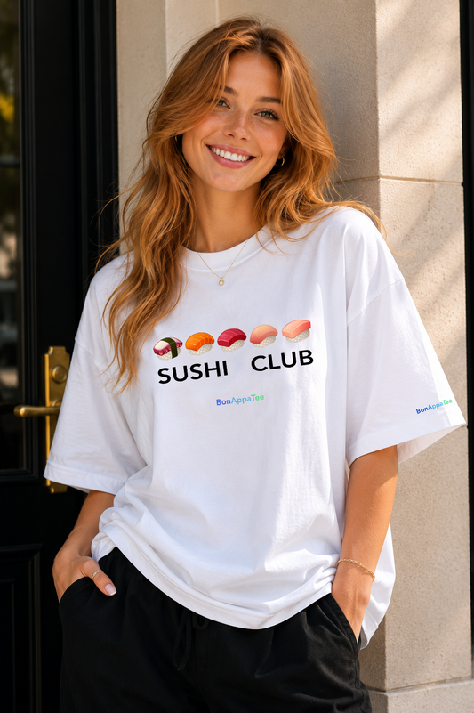 Female wearing Sushi Club Tee — Japanese sushi graphic on premium oversized white T-shirt by BonAppaTee