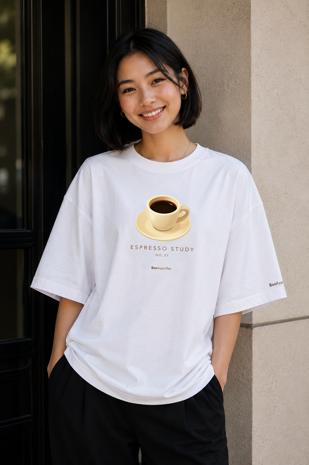 Female wearing Espresso Study Tee — coffee graphic on premium oversized white T-shirt by BonAppaTee