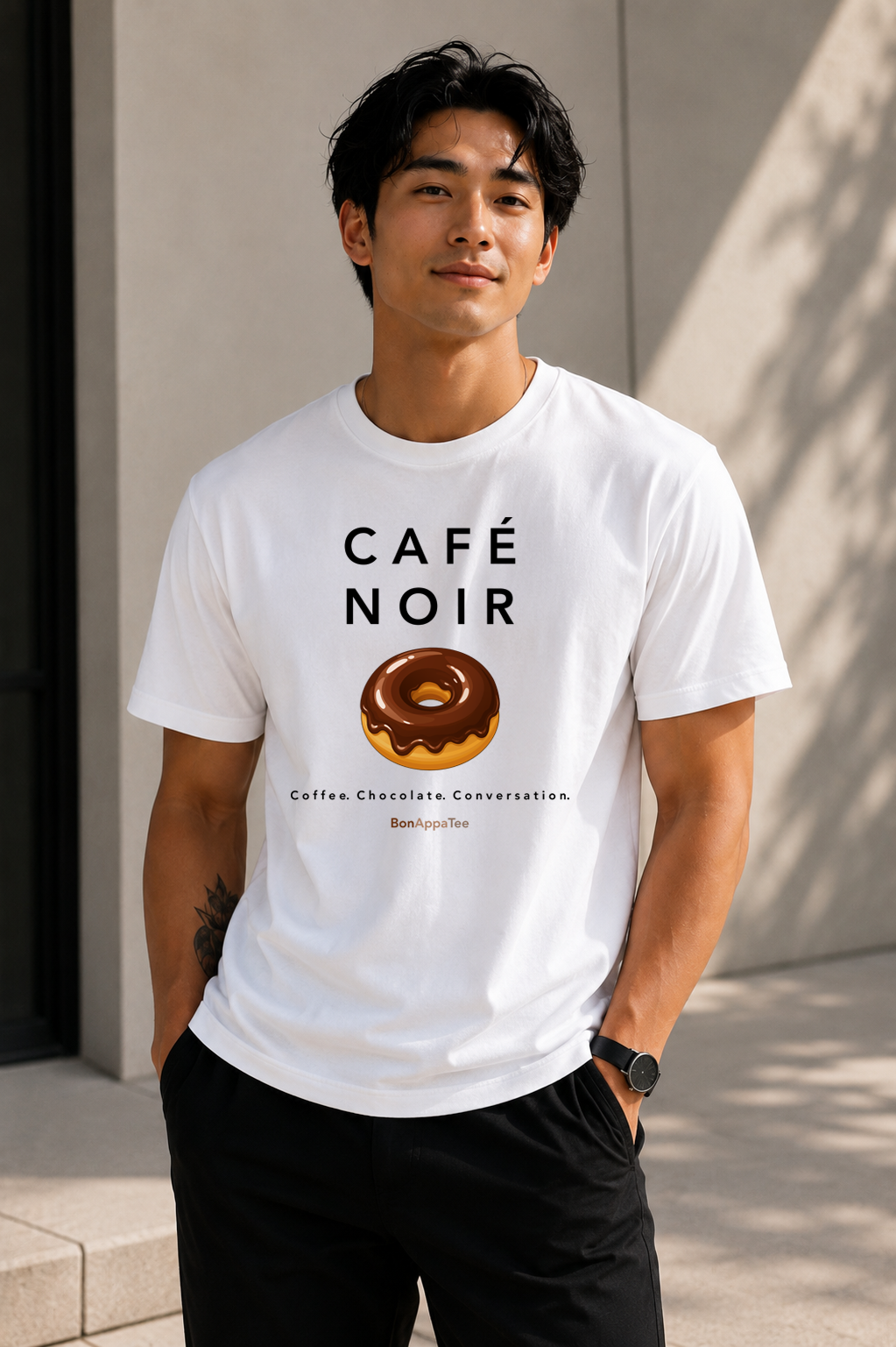 Male wearing the Café Noir Tee — oversized coffee graphic t-shirt | BonAppaTee