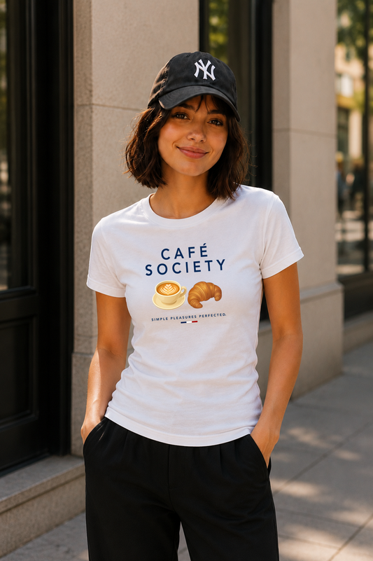 Female wearing Cafe Society Tee — cappuccino and croissant graphic on premium relaxed fit white T-shirt by BonAppaTee