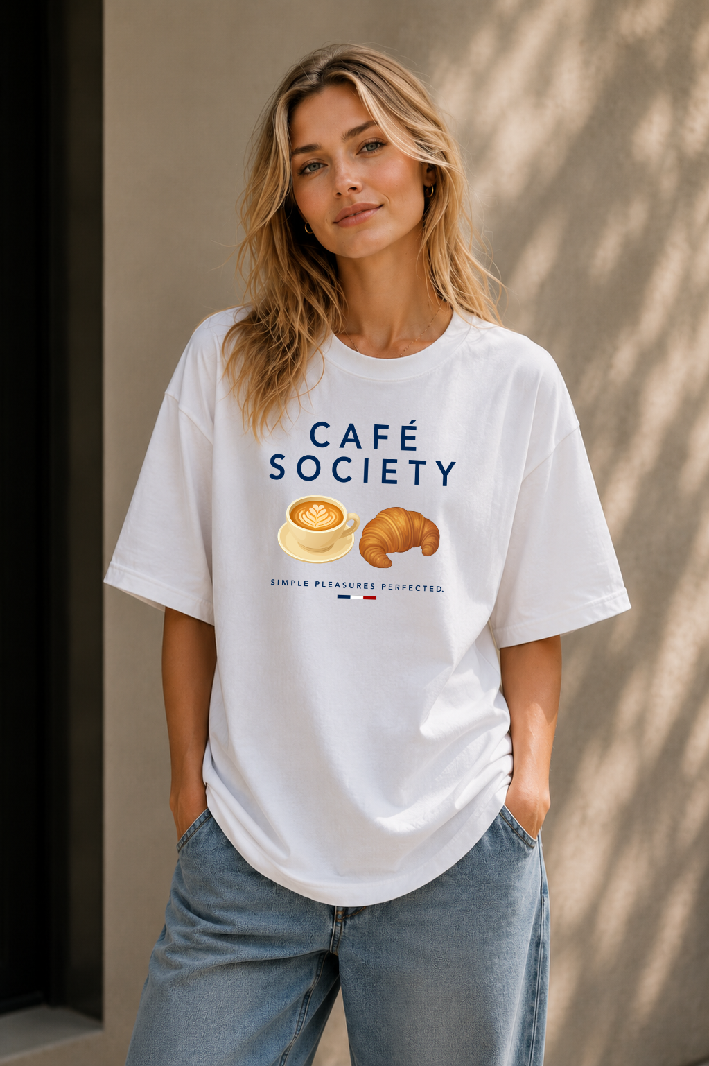 Female wearing Cafe Society Tee — French café graphic on premium oversized white T-shirt by BonAppaTee