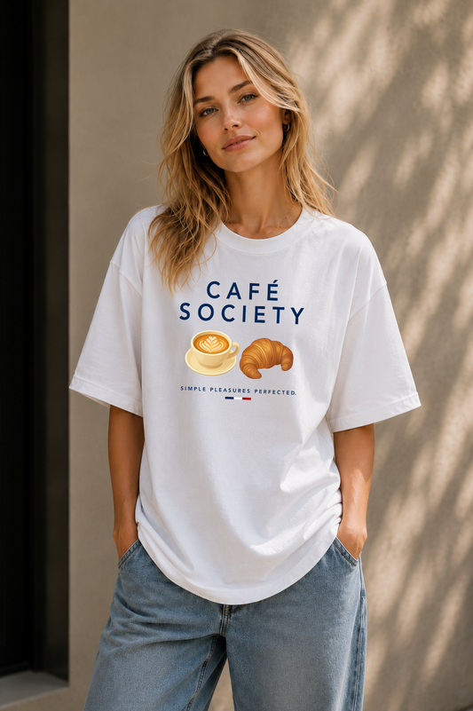 Female wearing Cafe Society Tee — French café graphic on premium oversized white T-shirt by BonAppaTee