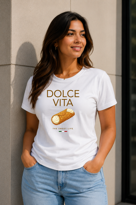 Female wearing Dolce Vita Tee — cannoli graphic on premium relaxed fit white T-shirt by BonAppaTee