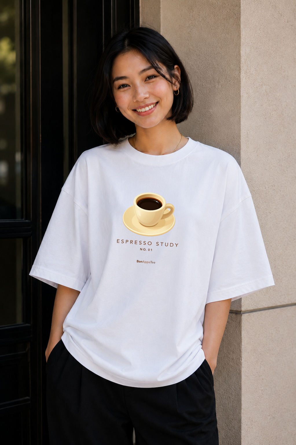 Female wearing Espresso Study — coffee graphic on premium oversized white T-shirt by BonAppaTee