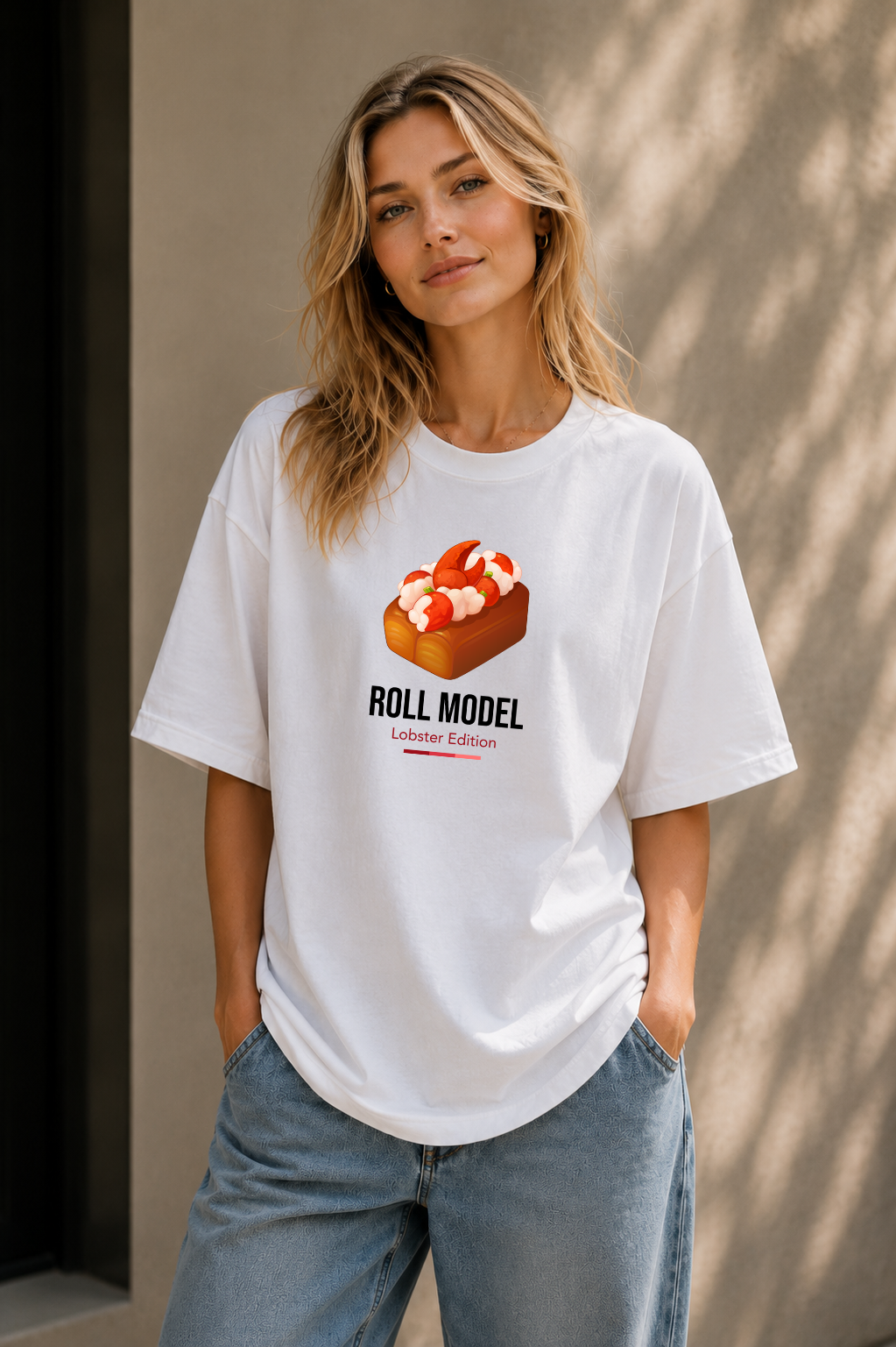 Female wearing Roll Model Lobster Edition — lobster graphic on premium oversized white T-shirt by BonAppaTee