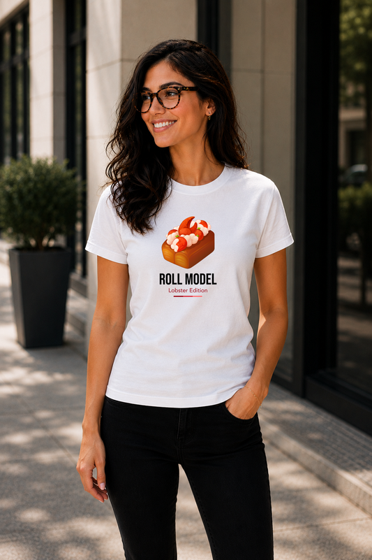 Female wearing Roll Model Lobster Edition — lobster graphic on premium relaxed fit white T-shirt by BonAppaTee