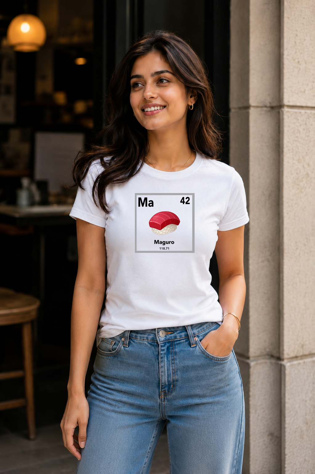 Female wearing Maguro Element Tee — Japanese tuna graphic on premium relaxed fit white T-shirt by BonAppaTee