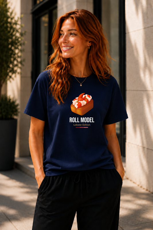 Female wearing Roll Model Lobster Edition  — lobster graphic on premium relaxed fit navy T-shirt by BonAppaTee
