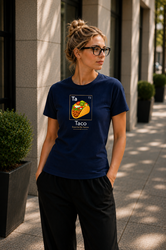 Female wearing Taco Essential By Nature Tee — taco graphic on premium relaxed fit navy T-shirt by BonAppaTee