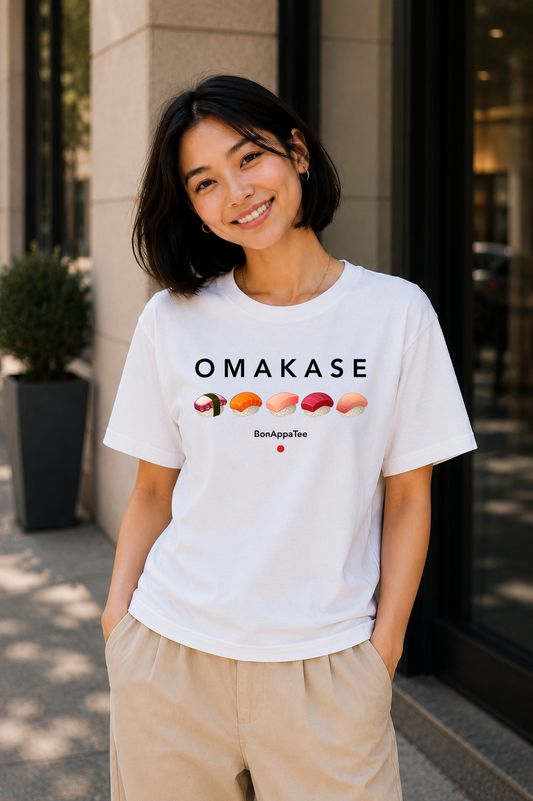 Female wearing Omakase — Japanese sushi graphic on premium relaxed fit white T-shirt by BonAppaTee