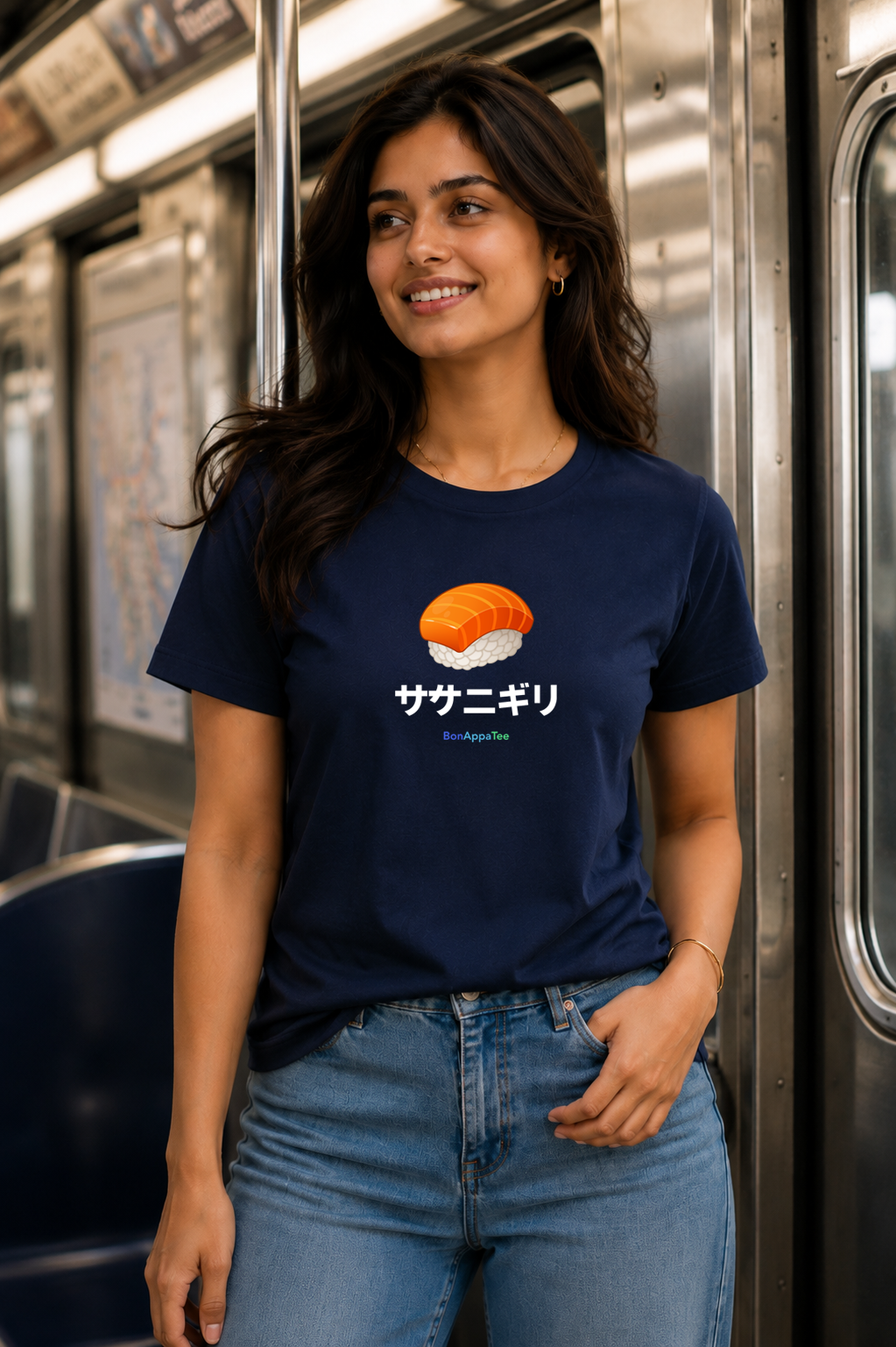 Female wearing Sake Nigiri Tee — Japanese sushi graphic on premium relaxed fit navy T-shirt by BonAppaTee