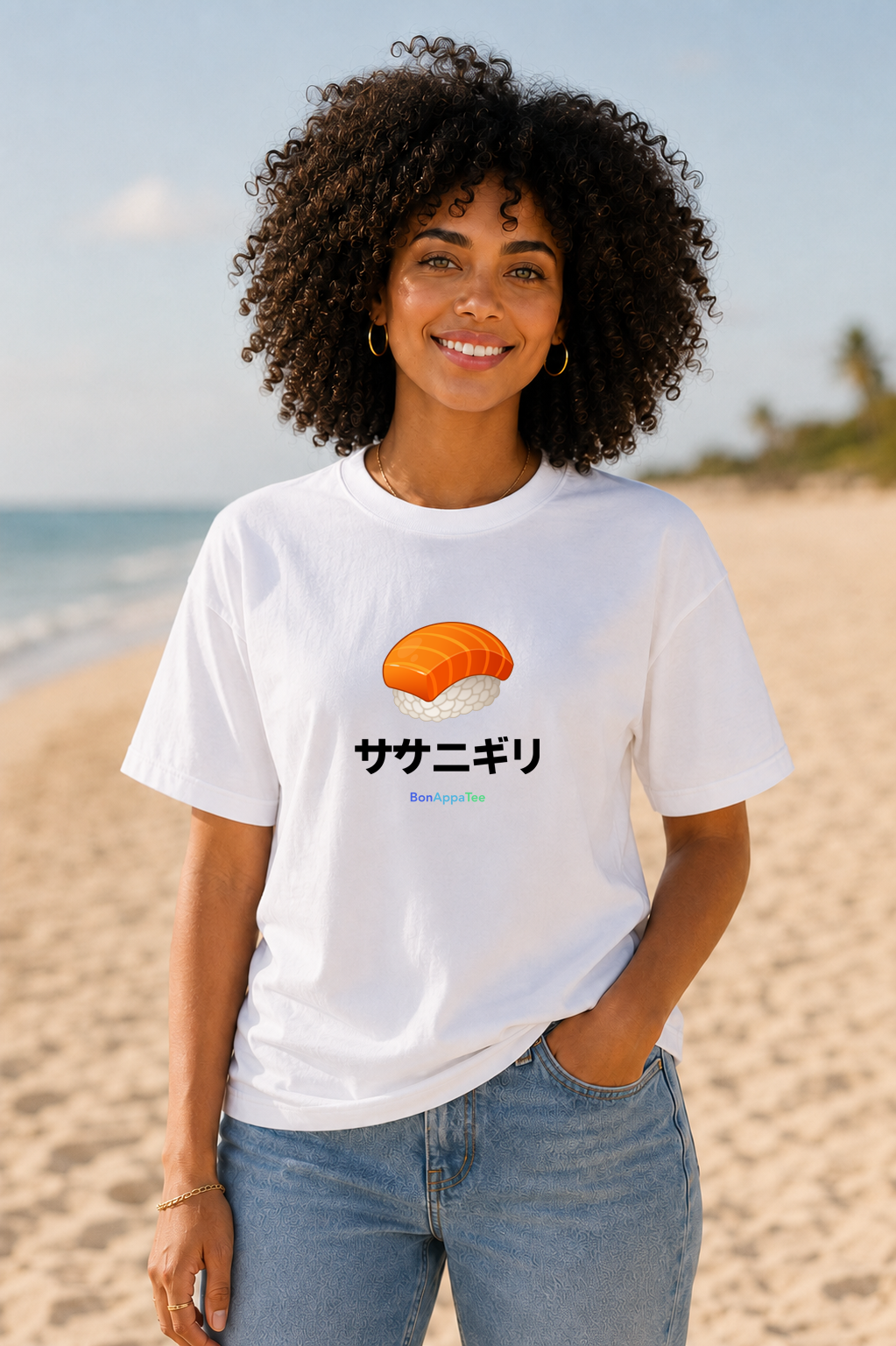 Female wearing Sake Nigiri Tee — Japanese sushi graphic on premium relaxed fit white T-shirt by BonAppaTee