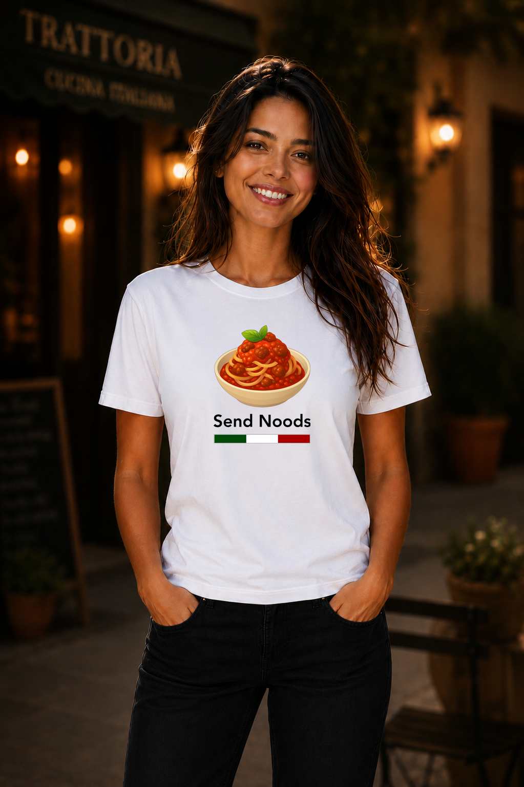 Female wearing Send Noods Tee — pasta graphic on premium relaxed fit white T-shirt by BonAppaTee