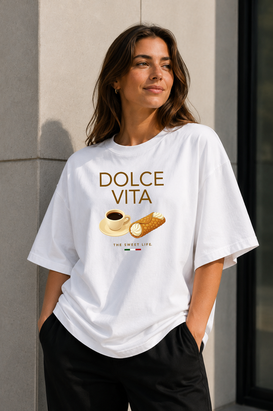 Female wearing Sicilian Society Tee — Italian café graphic on premium oversized white T-shirt by BonAppaTee
