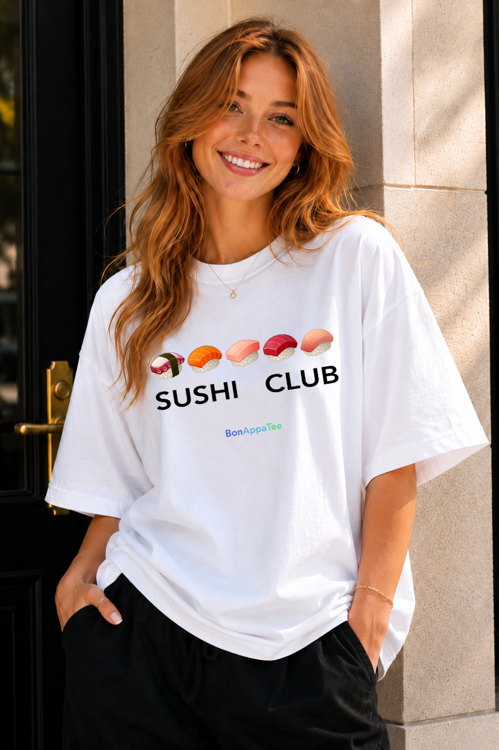 Female wearing Sushi Club — Japanese sushi graphic on premium oversized white T-shirt by BonAppaTee