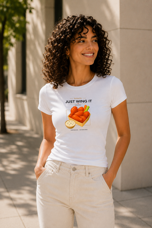 Female wearing Just Wing It Tee — chicken wings graphic on women's fitted white T-shirt by BonAppaTee