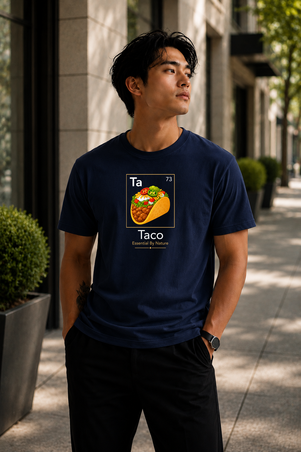 Male wearing Taco Essential By Nature Tee — taco graphic on premium relaxed fit navy T-shirt by BonAppaTee
