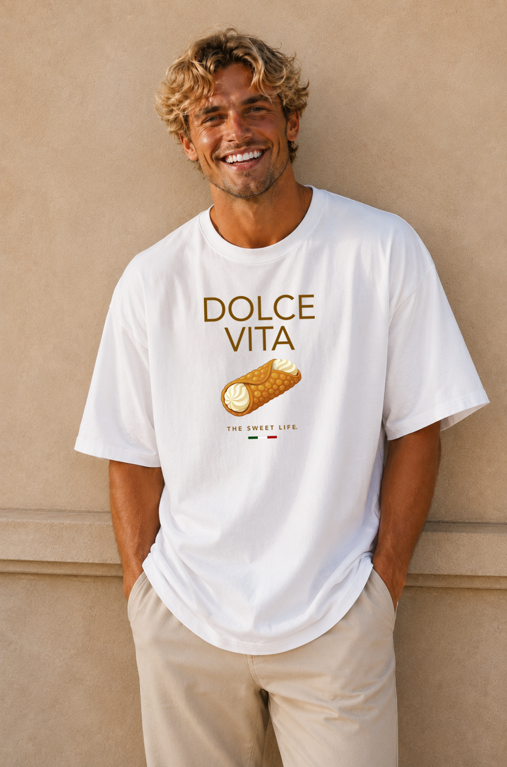Male wearing Dolce Vita Tee — oversized fit food graphic t-shirt | BonAppaTee