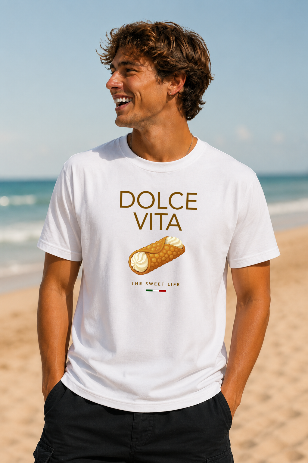 Male wearing Dolce Vita Tee — cannoli graphic on premium relaxed fit white T-shirt by BonAppaTee