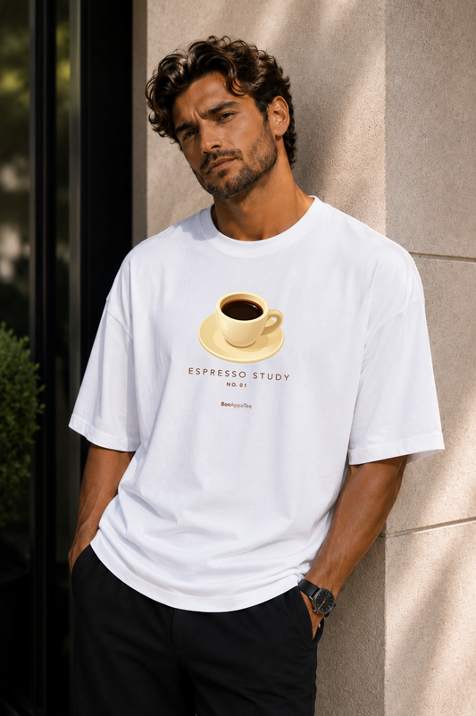 Male wearing Espresso Study Tee — coffee graphic on premium oversized white T-shirt by BonAppaTee